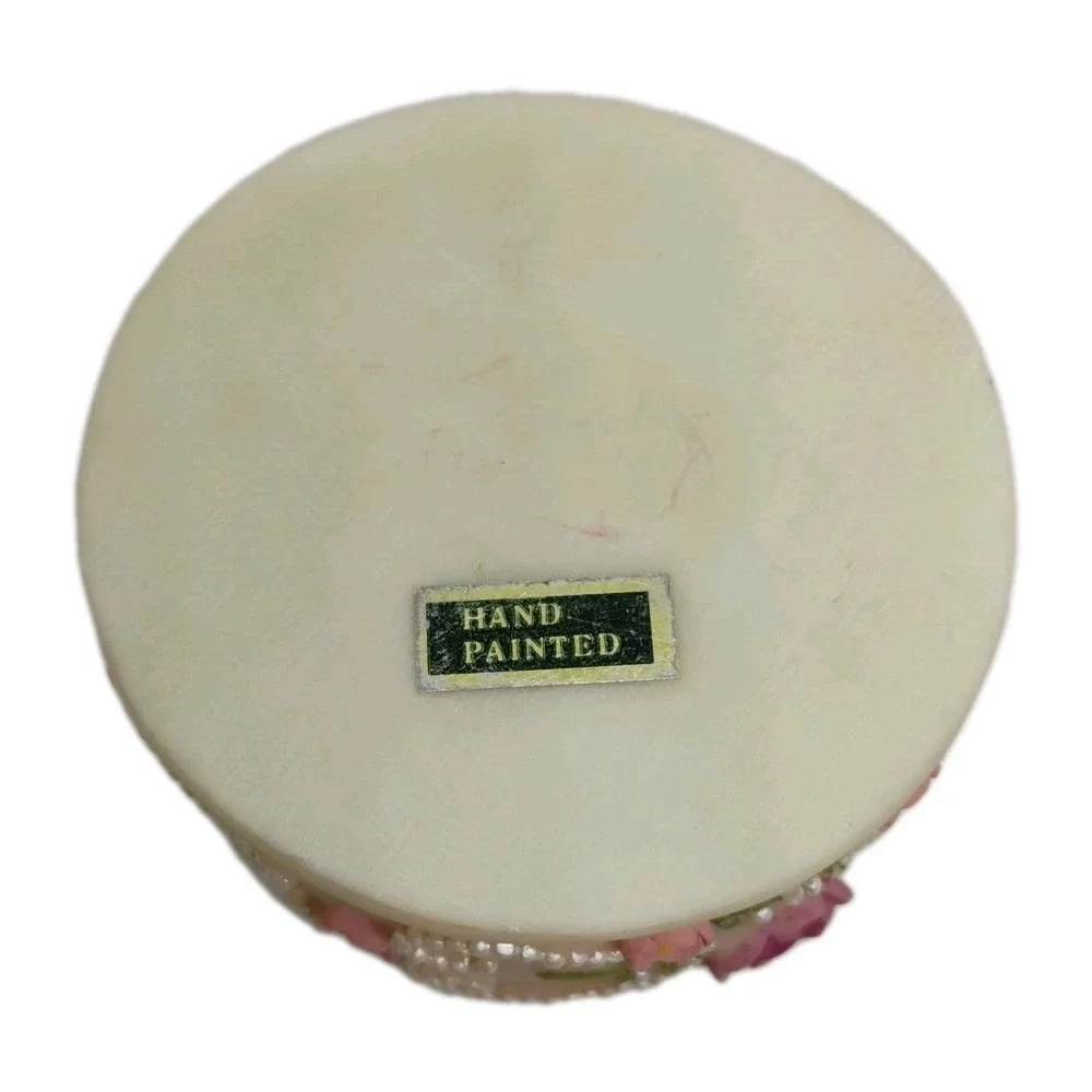 Vintage Dezine ? Hand Painted Roses‎ Pearls Trinket Box W/Lid